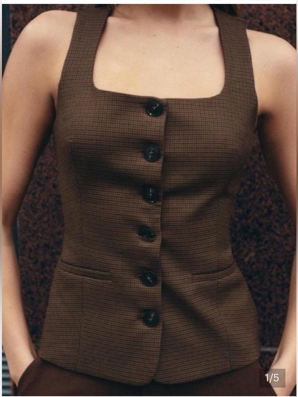 Zara Brown Sleeveless Button-Front Houndstooth Vest Top
